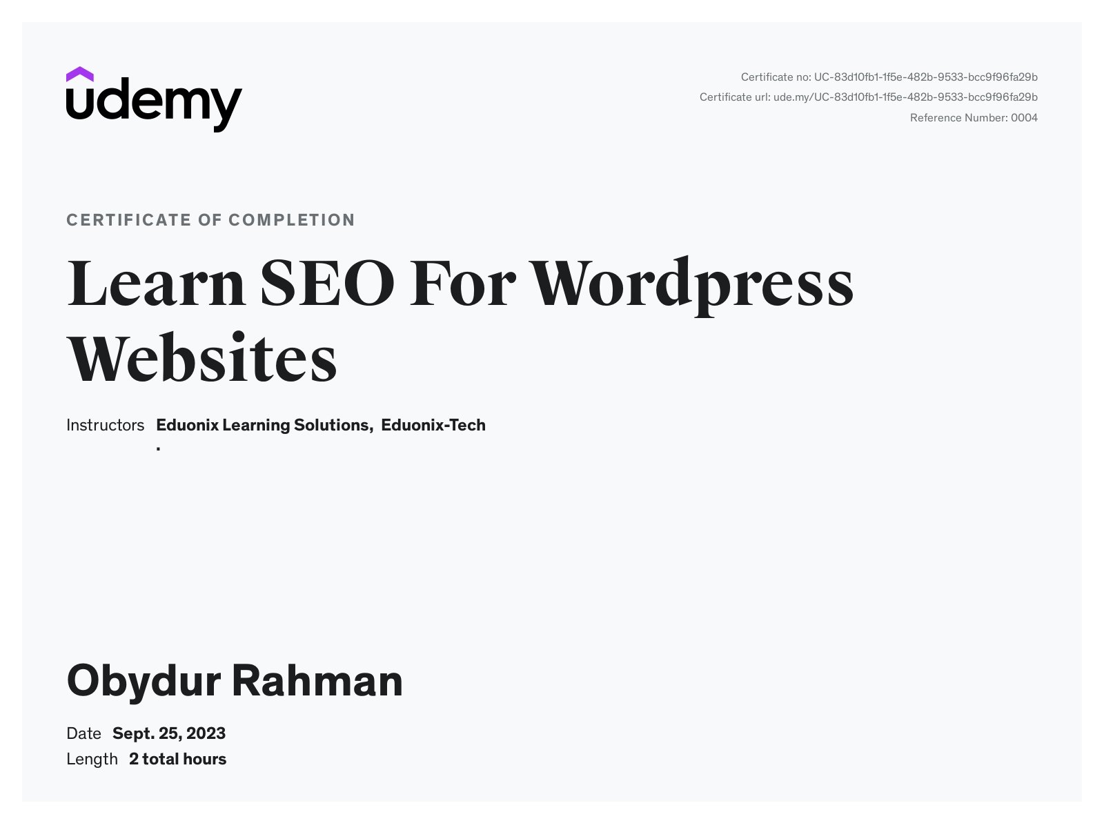 SEO for WordPress Certificate